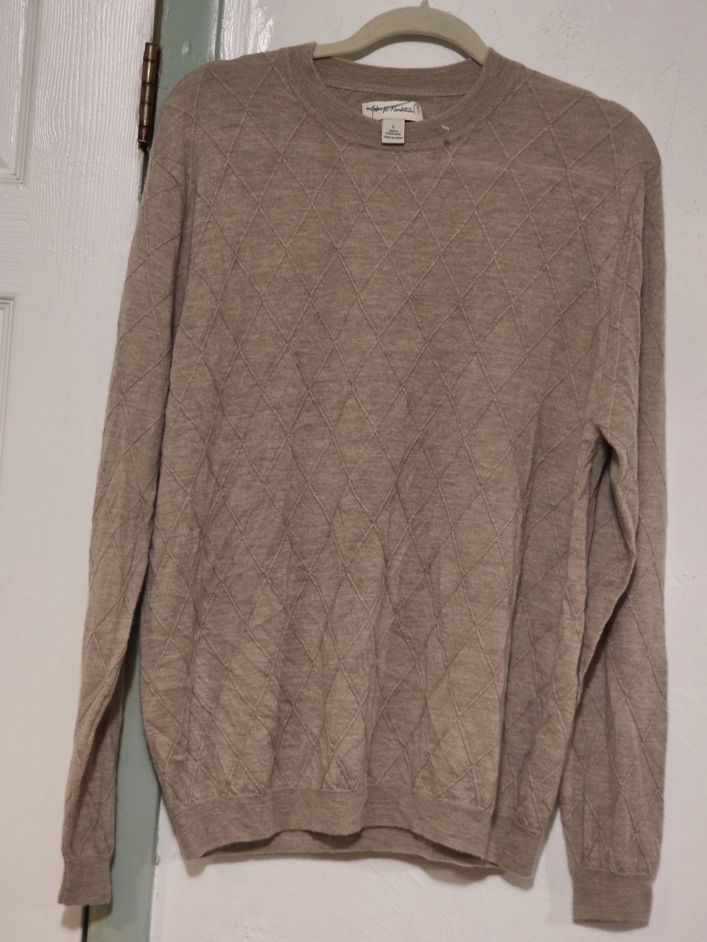John W. Nordstrom Taupe Diamond-Pattern Crewneck Sweater 100% Cashmere